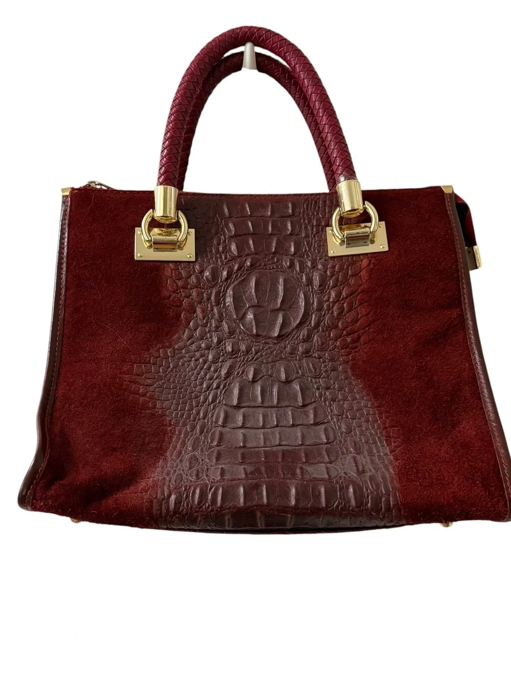Vera Pelle Burgundy Croc-Embossed Suede Top-Handle Satchel